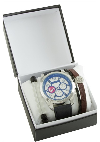 Ay Yıldız Kayışlı Erkek Kol Saati ve Kutulu Bileklik Kombini