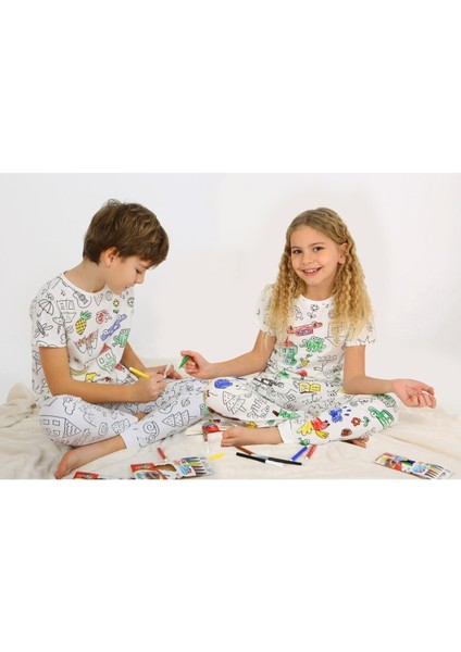 Kısa Kollu + Özel Kalem Boyanabilir Kız Erkek Çocuk Pijama Takım indirimleri