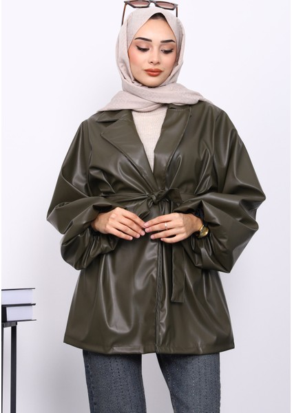 Haki Balon Kol Kuşaklı Deri Ceket