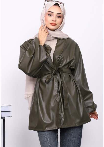 Haki Balon Kol Kuşaklı Deri Ceket modelleri