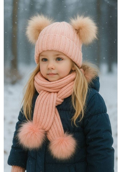 Kız Bebek Çift Ponponlu Atkı Bere Takımı 4/14 Yaş modelleri