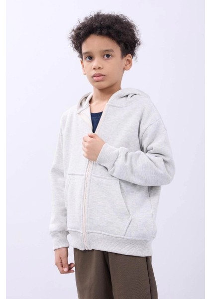 Erkek Çocuk Kapüşonlu Kanguru Çepli Tam Fermuarlı Hırka Sweatshirt - Gri -Vlmr