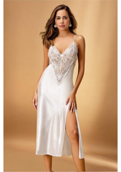 7136 Battal Kadın Saten Uzun Gecelik - Ekru - 3xl