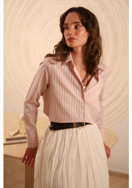Çizgili Fit Gömlek Pembe