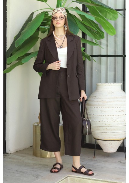 Keten Belden Oturtmalı Ceket Acı Kahve