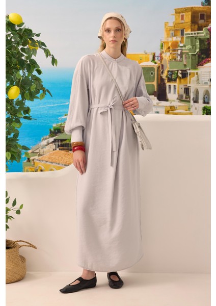 Yakası Geniş Pile Detaylı Elbise Gri indirimleri