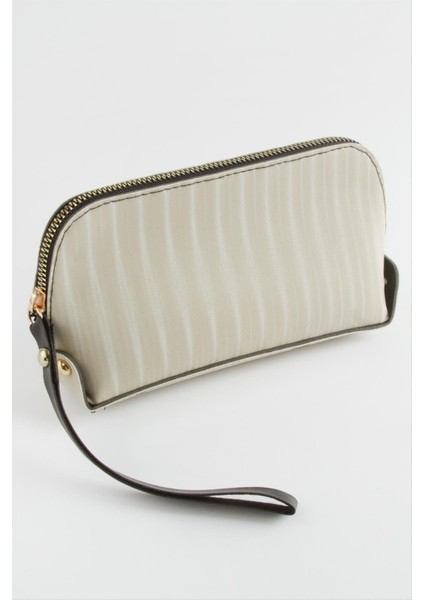 Çizgili Krem Dikdörtgen Deri Cüzdan