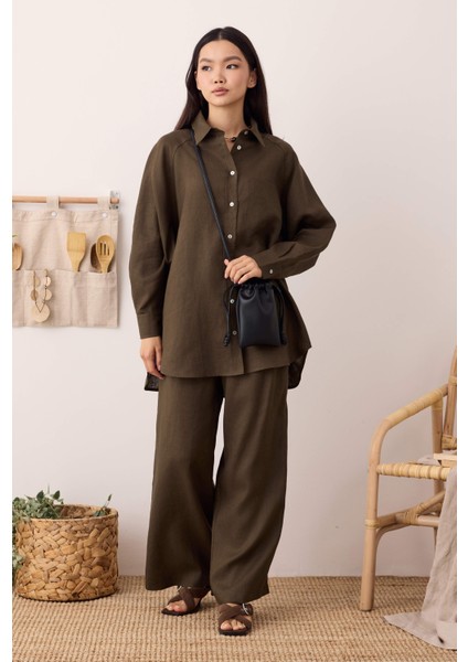 Pileli Basic Keten Pantolon Fındık indirimleri