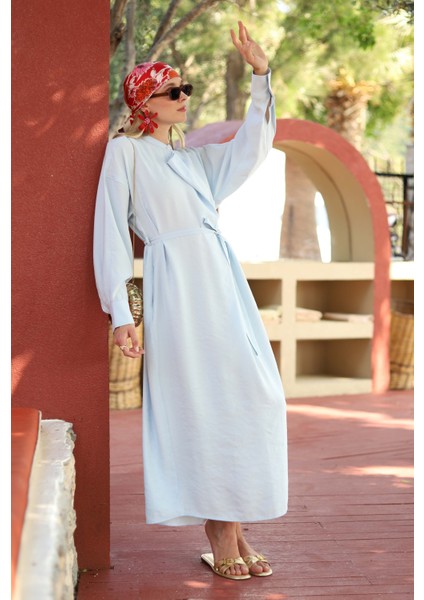 Yakası Geniş Pile Detaylı Elbise Buz Mavi fırsatları