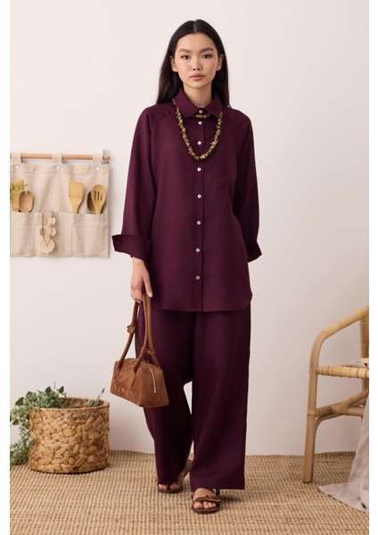 Reglan Kol Basic Keten Gömlek Bordo fırsatları