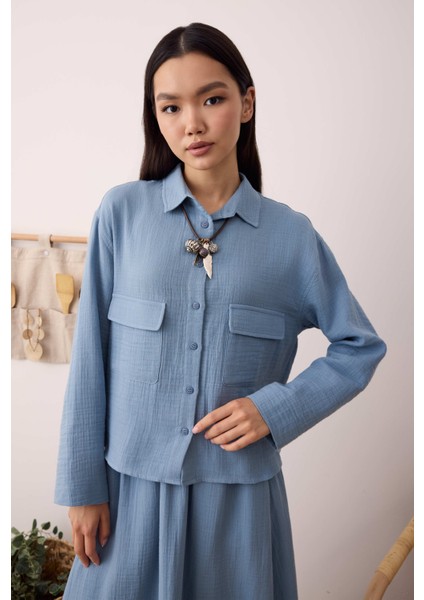 Müslin Cepli Gömlek Pastel Mavi fırsatları