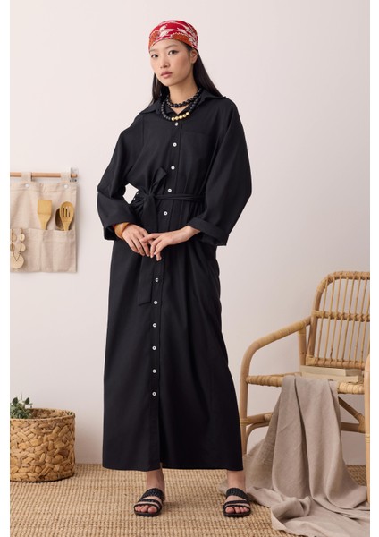 Reglan Kol Keten Elbise Siyah indirimleri