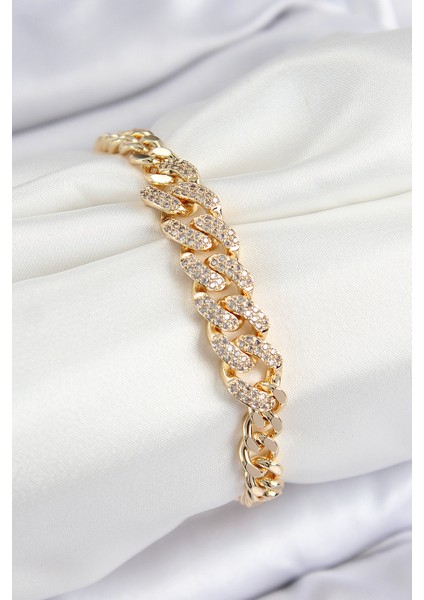 Pirinç Zirkon Taşlı Küba Zincir Model Gold Renk Kadın Bileklik - TJ-BB7533