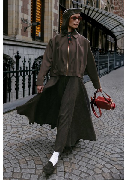 Volanlı Süet Etek Acı Kahve