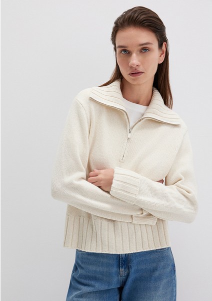 Yün Karışımlı Yarı Fermuarlı Ekru Kazak 1710703-82127