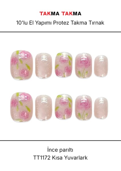 10'lu Pembe Kısa Yuvarlak TT1172 Tekrar Kullanılabilir El Yapımı Protez Takma Tırnak - Pembe-XS