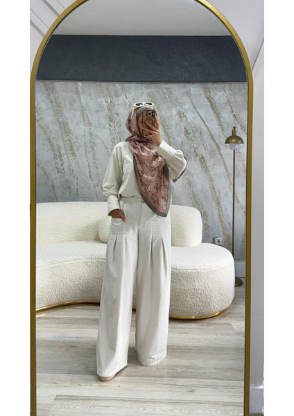 Cep Detaylı Bol Paça Keten Pantolon Krem fiyatları