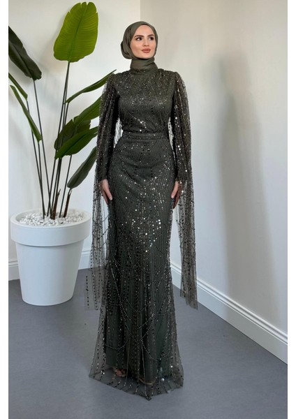 Eloria Pelerinli Boncuk Işlemeli Abiye Haki