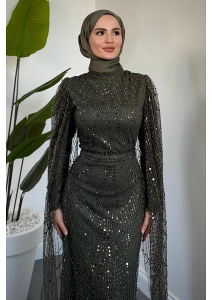 Eloria Pelerinli Boncuk Işlemeli Abiye Haki fiyatları