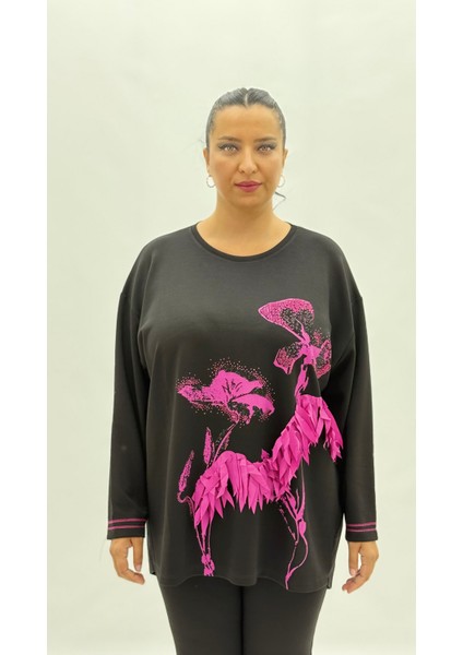 Büyük Beden Viskon Taşlı Uzun Kol Oversize Kadın Bluz