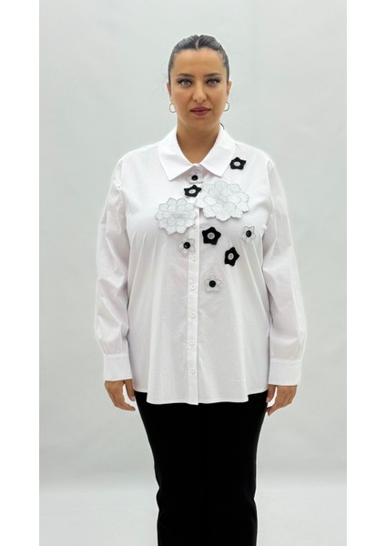 Büyük Beden Düğmeli Çiçek Detaylı Uzun Kol Oversize Kadın Gömlek