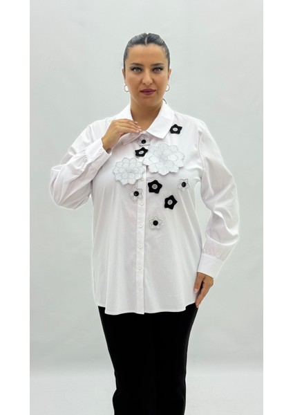 Büyük Beden Düğmeli Çiçek Detaylı Uzun Kol Oversize Kadın Gömlek fiyatları