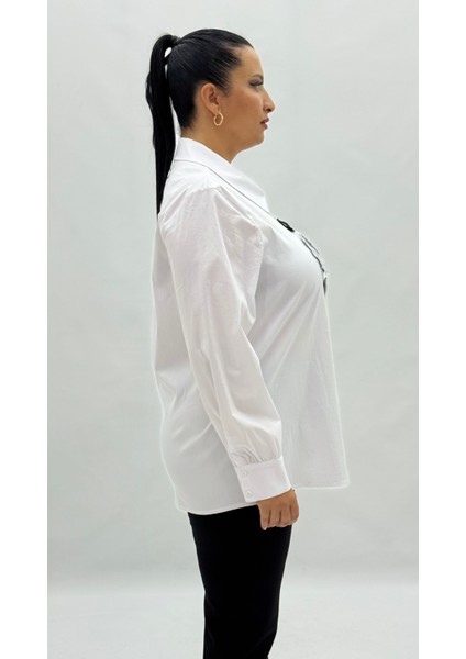 Büyük Beden Düğmeli Çiçek Detaylı Uzun Kol Oversize Kadın Gömlek modelleri