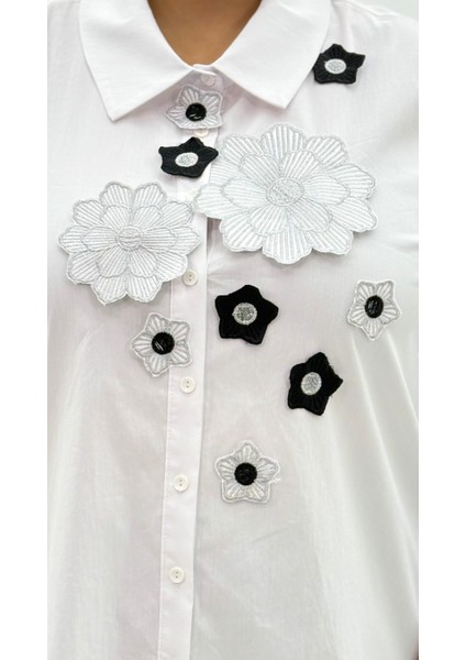 Büyük Beden Düğmeli Çiçek Detaylı Uzun Kol Oversize Kadın Gömlek indirimleri