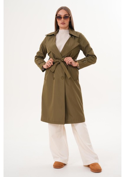 Kuşaklı Astarlı Uzun Trençkot Haki