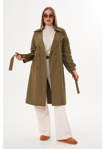 Kuşaklı Astarlı Uzun Trençkot Haki fiyatları