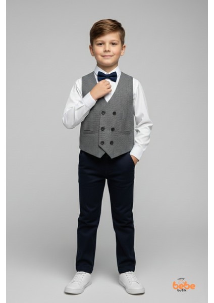 Erkek Çocuk 4’lü Smokin Takım, Gömlek Yelek Papyon ve Pantolon Şık Kombin, Davet & Özel Gün Mavi