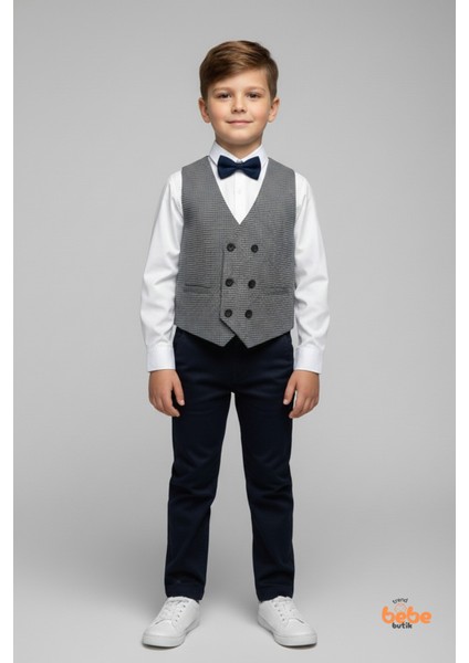 Erkek Çocuk 4’lü Smokin Takım, Gömlek Yelek Papyon ve Pantolon Şık Kombin, Davet & Özel Gün Mavi fiyatları