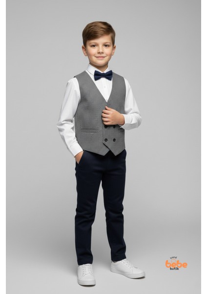 Erkek Çocuk 4’lü Smokin Takım, Gömlek Yelek Papyon ve Pantolon Şık Kombin, Davet & Özel Gün Mavi