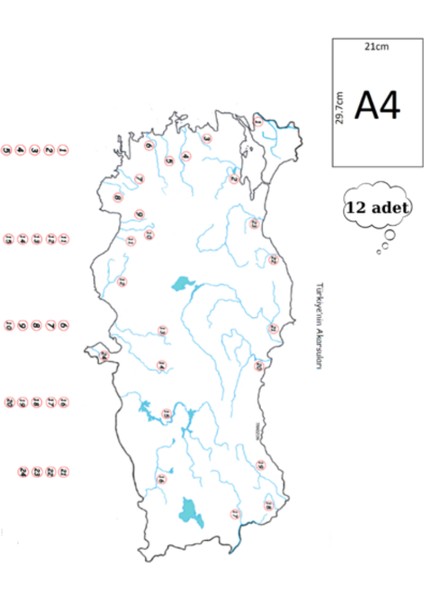 A4 Boy Dilsiz Türkiyenin Akarsuları Haritası Renksiz 12 Adet
