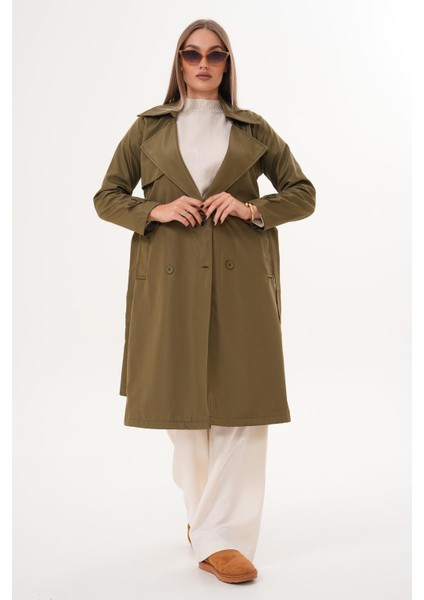 Kuşaklı Astarlı Uzun Trençkot Haki modelleri