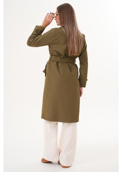 Kuşaklı Astarlı Uzun Trençkot Haki fırsatları