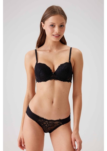 Kadın Siyah 4561 Milan Push Up Dolgulu Dantelli Çeyiz Sütyen ve Külot Iç Çamaşır Takımı