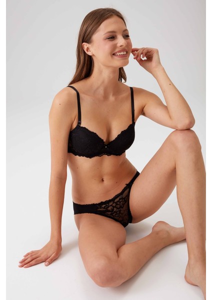 Kadın Siyah 4561 Milan Push Up Dolgulu Dantelli Çeyiz Sütyen ve Külot Iç Çamaşır Takımı fırsatları