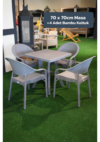 Bambu Balkon Bahçe Masa Takımı 4 Kişilik 70X70 Masa 4 Adet Bambu Koltuk Beyaz