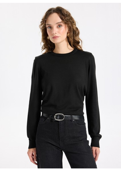 Bisiklet Yaka Slim Fit Düz Siyah Kazak Kadın ML5WL-KZK-9002