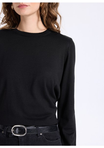 Bisiklet Yaka Slim Fit Düz Siyah Kazak Kadın ML5WL-KZK-9002 fırsatları