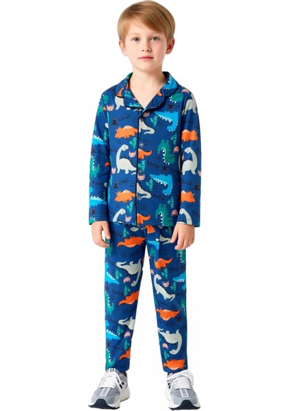 Dinozor Desenli Erkek Çocuk Uzun Kollu Pijama Takımı Kaliteli Şık Rahat Günlük fırsatları