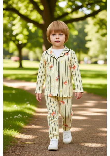 Çizgili Ayıcık Desenli Yumuşak Dokulu Erkek Çocuk Pijama Takımı Kaliteli Şık Rahat
