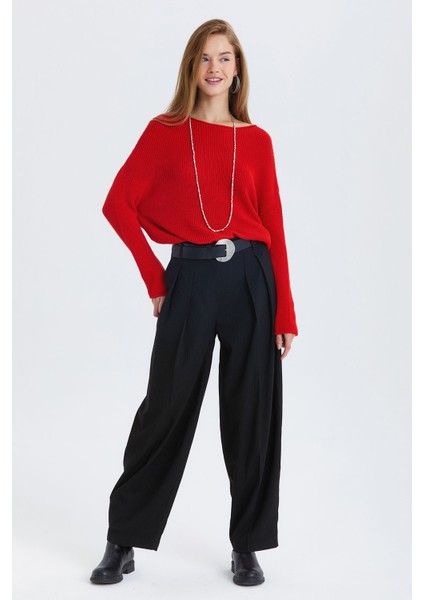 Çizgili Balon Form Kumaş Pantolon Siyah