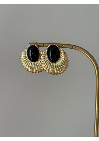 Siyah Mineli Yelpaze Model Büyük Boy Gold Çelik Küpe