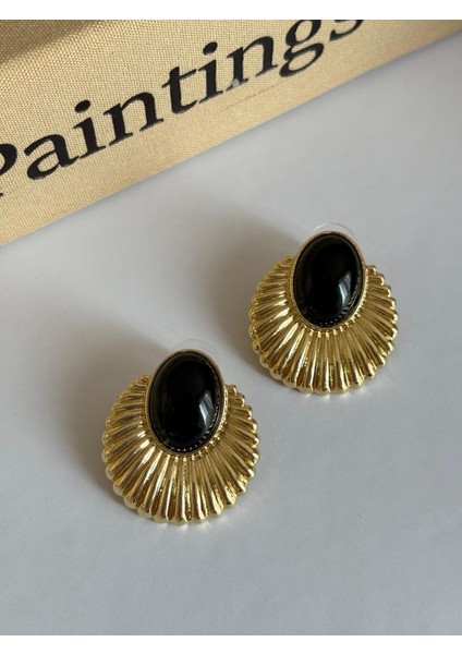 Siyah Mineli Yelpaze Model Büyük Boy Gold Çelik Küpe fiyatları