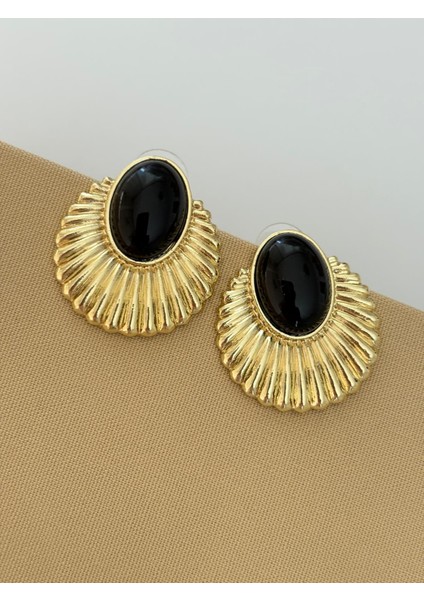 Siyah Mineli Yelpaze Model Büyük Boy Gold Çelik Küpe modelleri