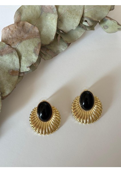 Siyah Mineli Yelpaze Model Büyük Boy Gold Çelik Küpe fırsatları