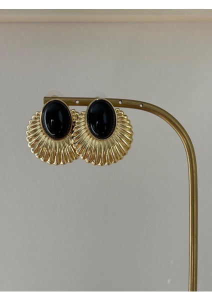 Siyah Mineli Yelpaze Model Büyük Boy Gold Çelik Küpe indirimleri