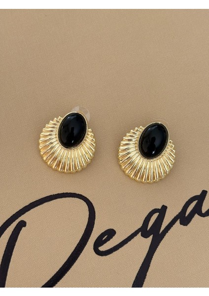 Siyah Mineli Yelpaze Model Büyük Boy Gold Çelik Küpe